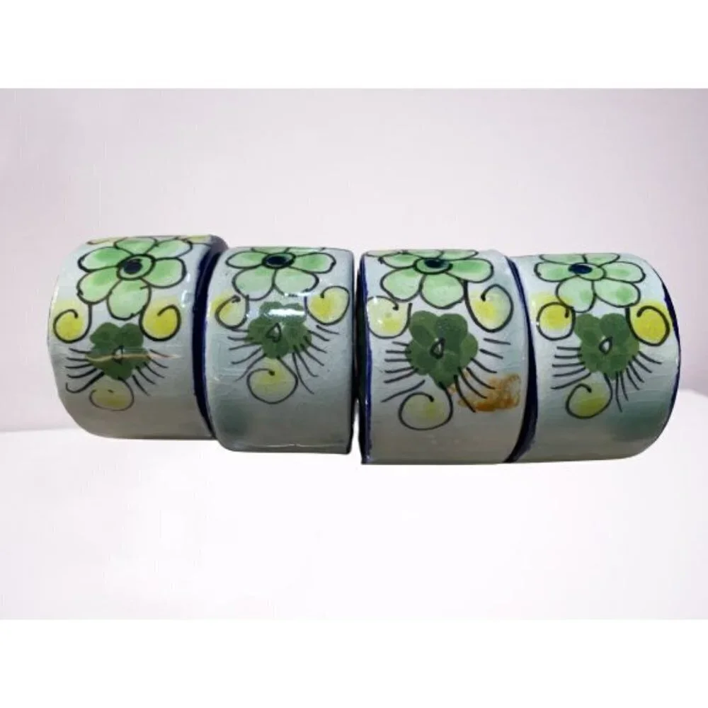 Set of 4 Made in Mexico Tonala Green Floral Hand Painted Napkin Rings